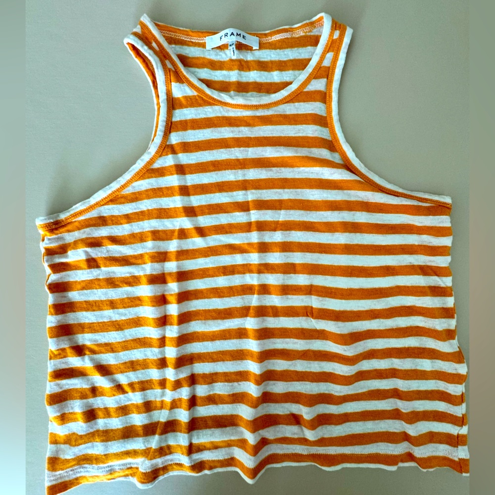 Frame Denim linen blend golden yellow and white striped tank top size S